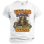 Skeleton playing poker and holding a drink with "VEGAS BACH PARTY SCENE" text.