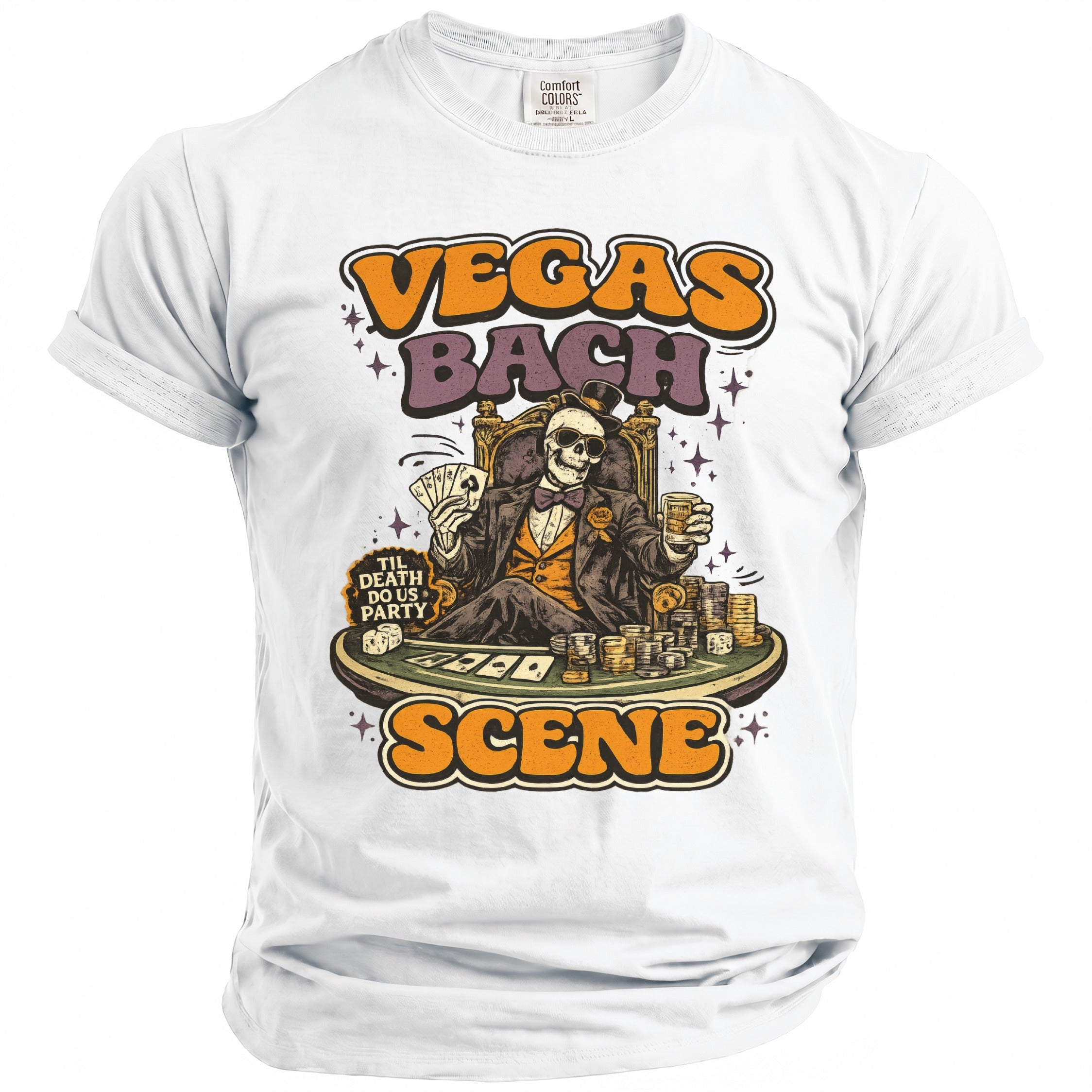 Skeleton playing poker and holding a drink with "VEGAS BACH PARTY SCENE" text.