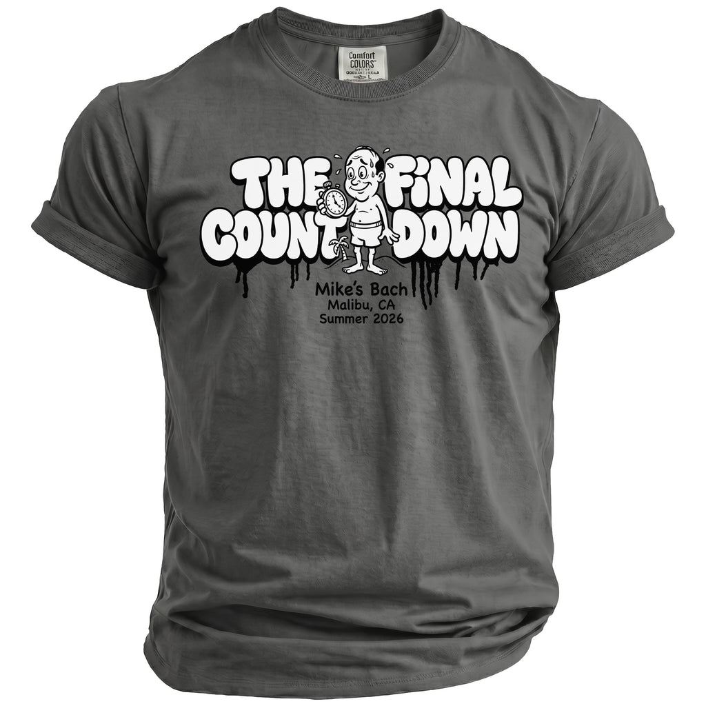 Gray t-shirt with "The Final Countdown" graphic and "Mike's Bach, Malibu, CA, Summer 2026".
