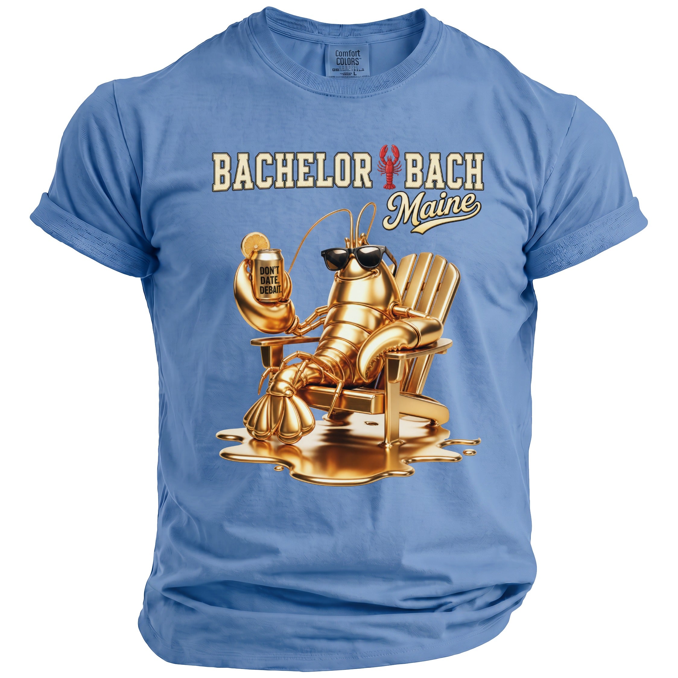 Blue t-shirt with "Bachelor Bach Maine" text and a golden lobster holding a drink.