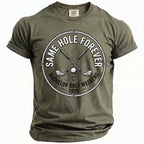 Olive green t-shirt with the text "Same Hole Forever, Bachelor Golf Weekend 2026".