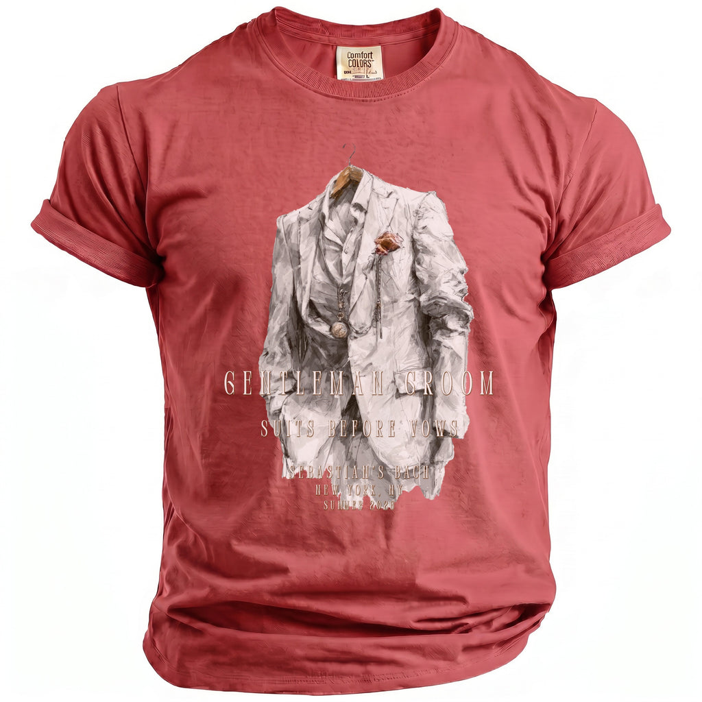 Red t-shirt with graphic of a white suit, text "Gentleman Groom Suits Before Vows".