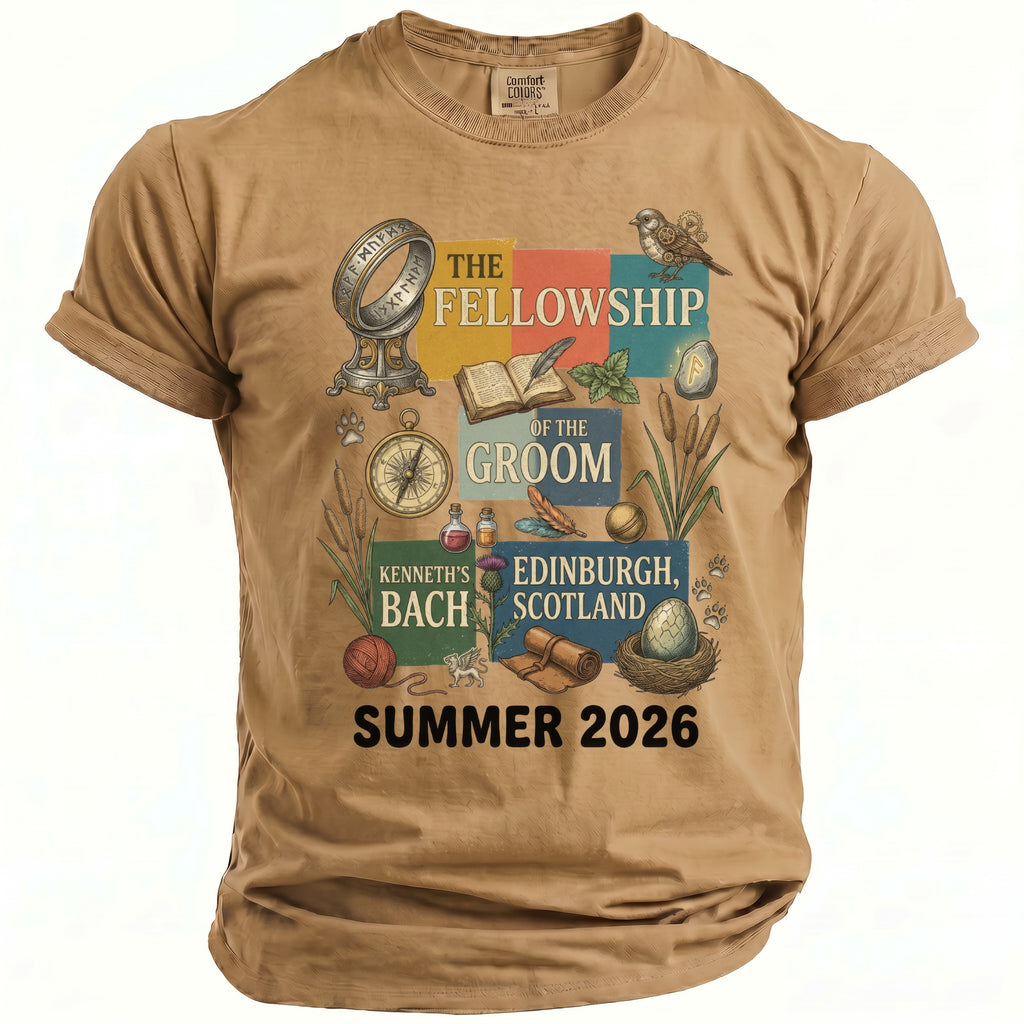 "The Fellowship of the Groom" t-shirt with "Kenneth's Bach, Edinburgh, Scotland, Summer 2026" text.