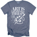 "Art is cheaper than therapy" text with paintbrush and palette graphic.