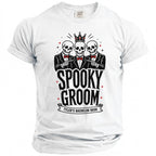 White t-shirt with "Spooky Groom Tyler's Bachelor Bash" text and skeleton groom graphic.