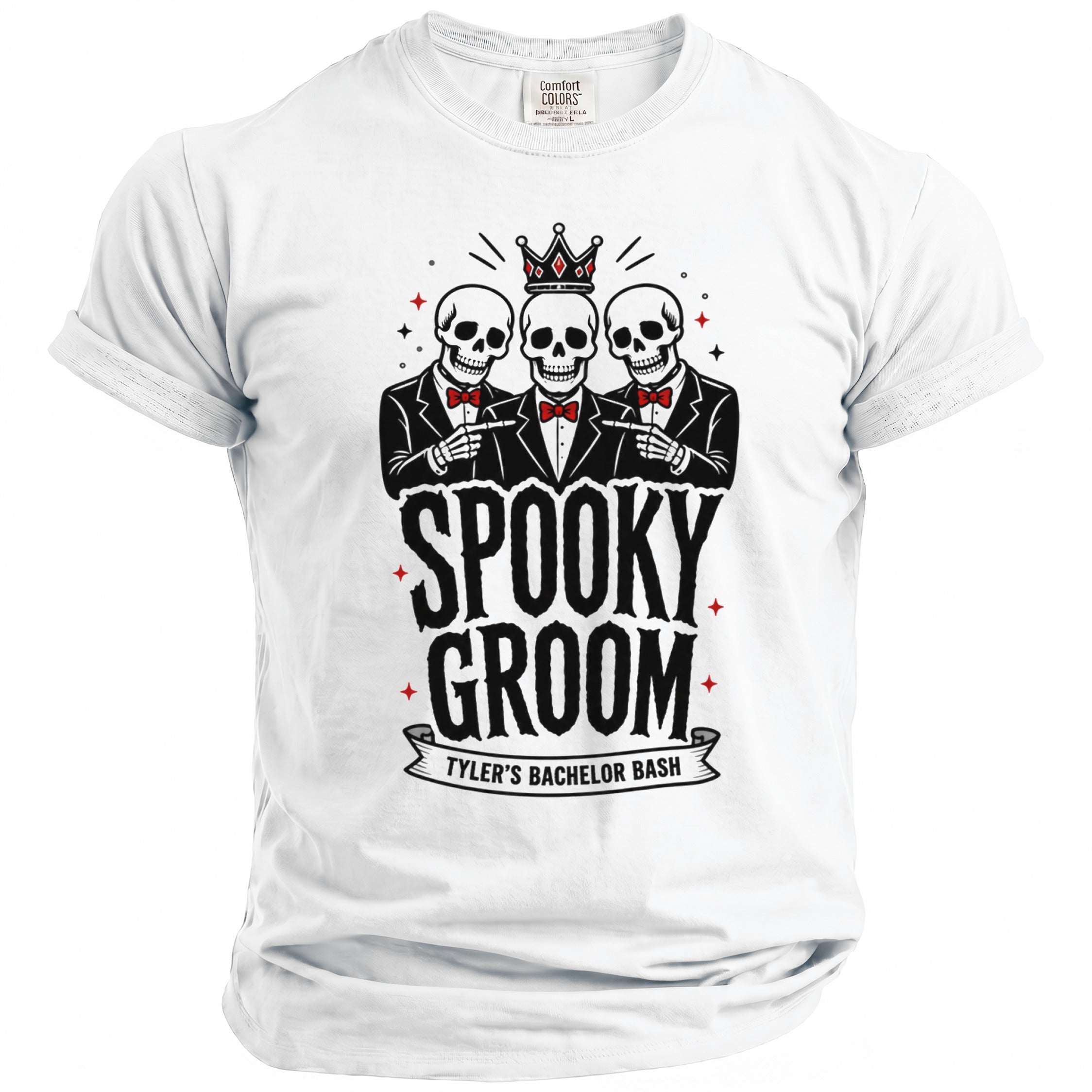 White t-shirt with "Spooky Groom Tyler's Bachelor Bash" text and skeleton groom graphic.