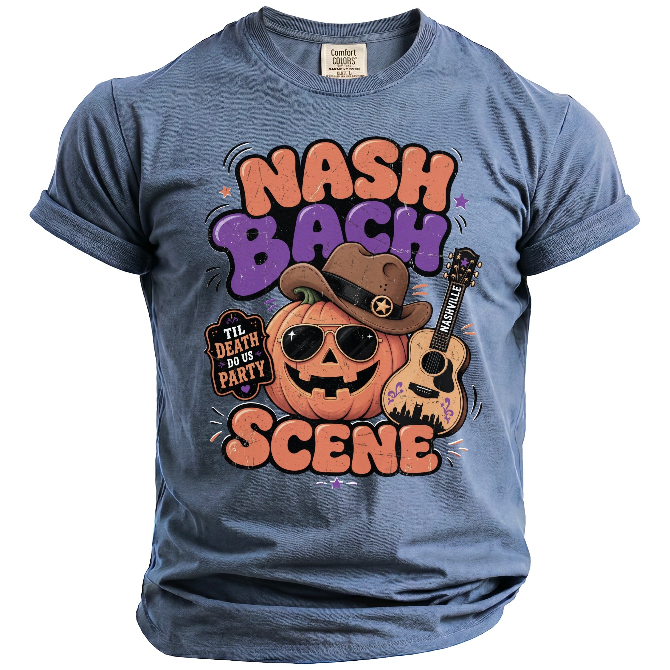 T-shirt with graphic of smiling pumpkin, guitar, and text "NASH BACH SCENE".