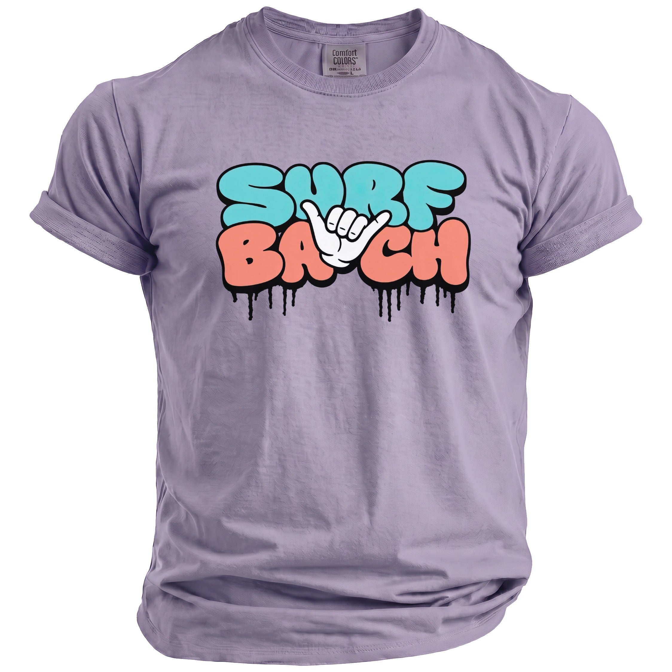 Lavender t-shirt with "SURF" and "BACH" in colorful graffiti style and a hand gesture.