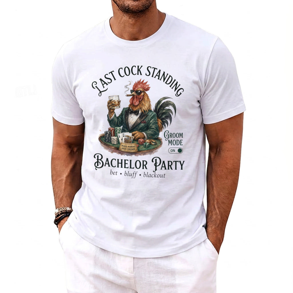 White t-shirt with rooster graphic and text "Last Cock Standing Bachelor Party".