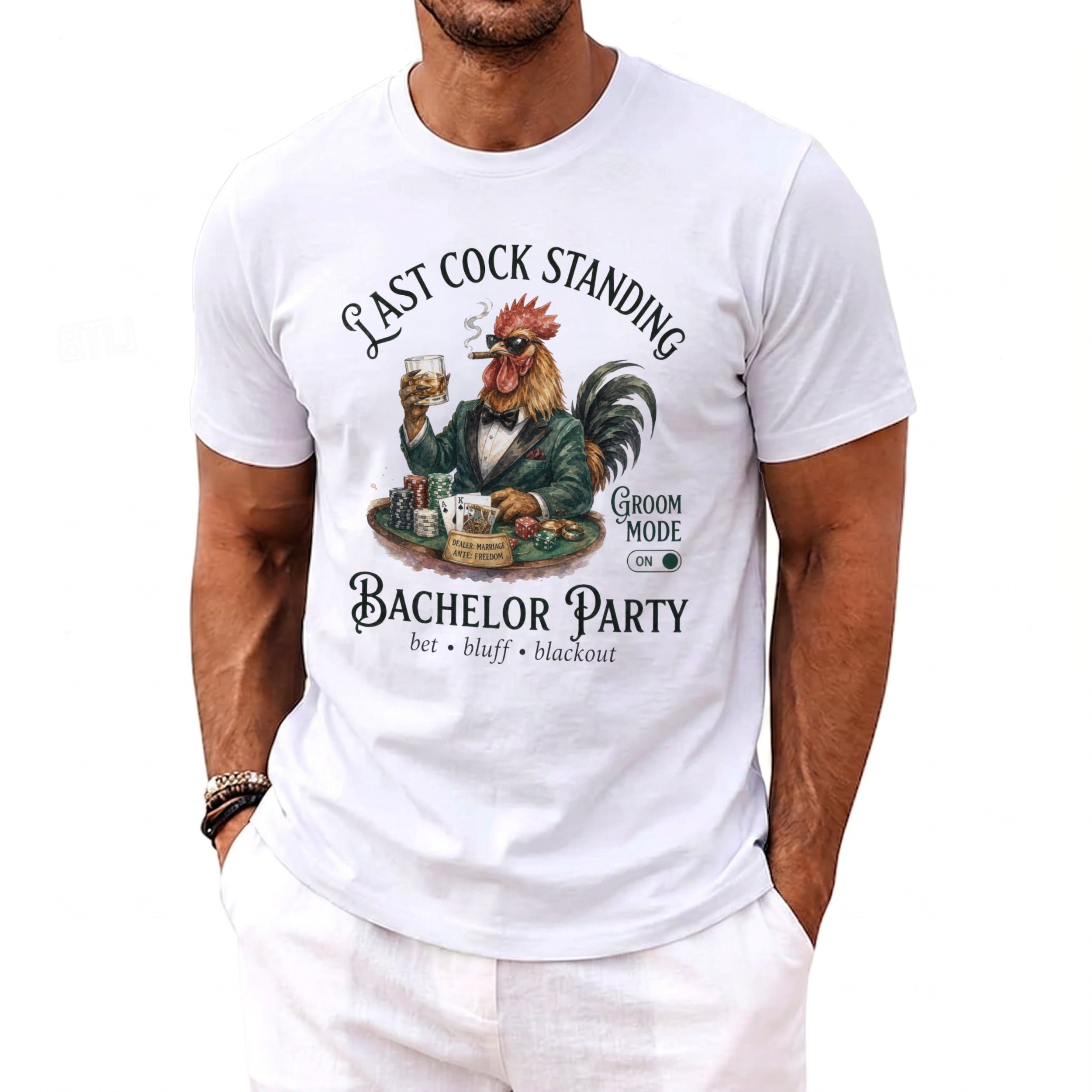 White t-shirt with rooster graphic and text "Last Cock Standing Bachelor Party".