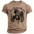 T-shirt graphic features a skeleton in a suit, text "Dark Romance Bachelor", and New Orleans imagery.