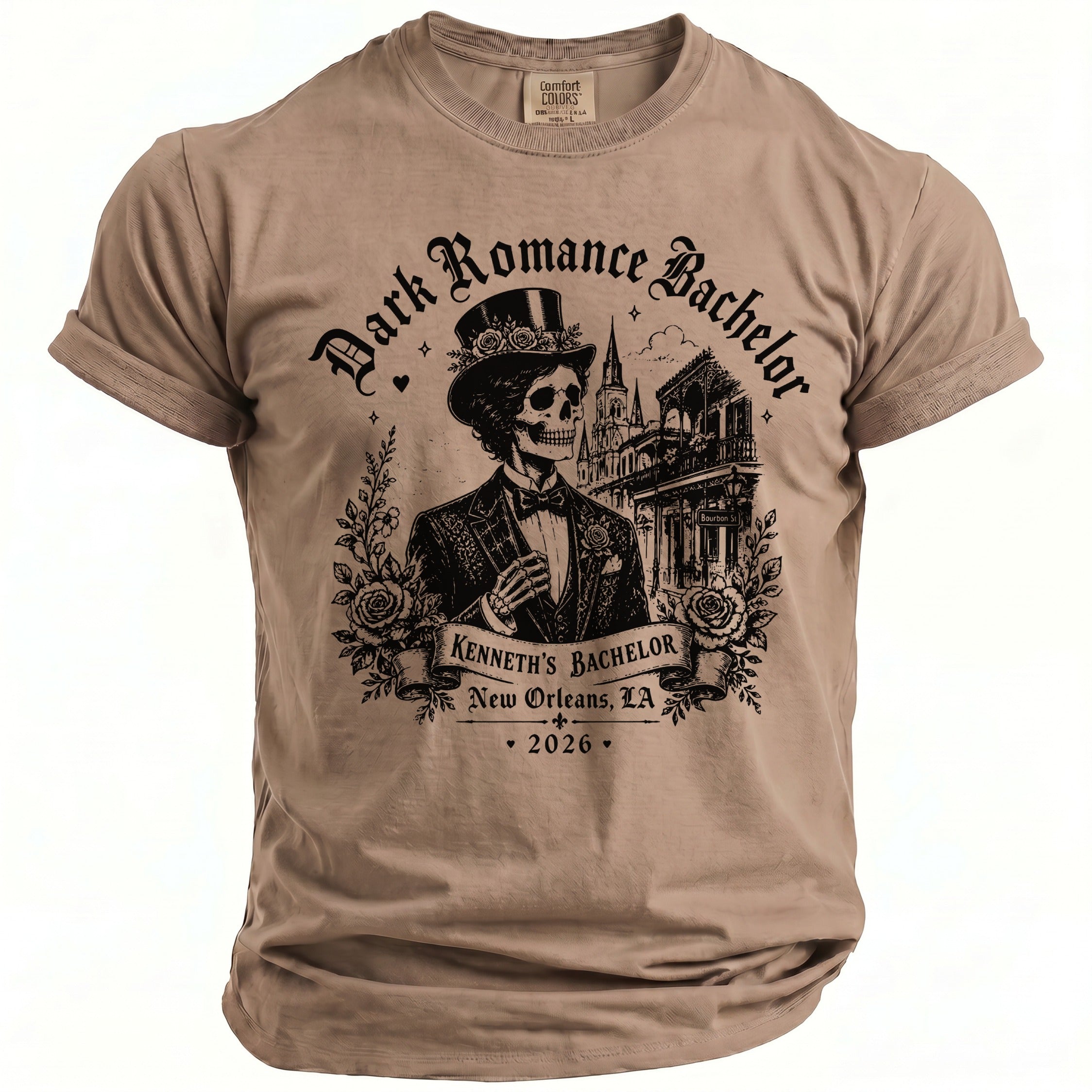 T-shirt graphic features a skeleton in a suit, text "Dark Romance Bachelor", and New Orleans imagery.