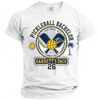 White t-shirt with "Pickleball Bachelor Garrett's Bach" graphic and Scottsdale, AZ and Summer 2026.