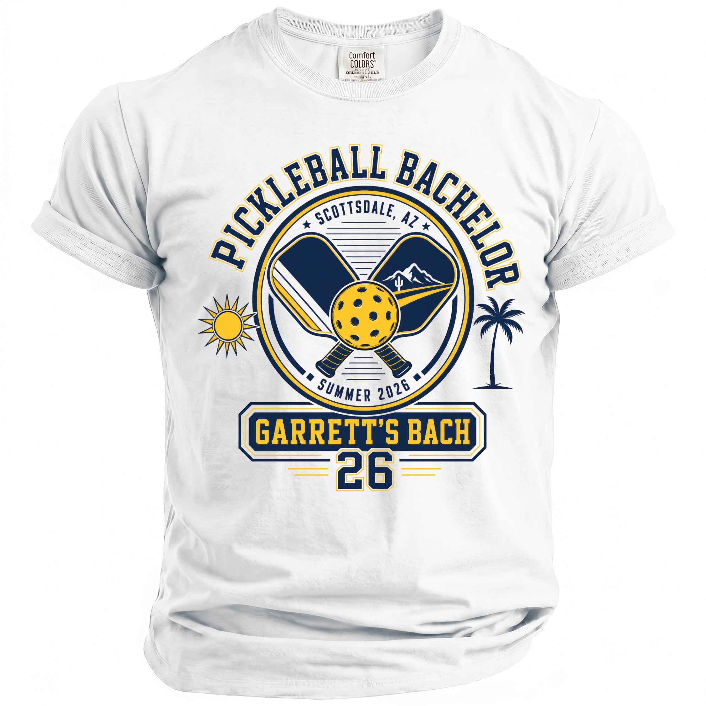 White t-shirt with "Pickleball Bachelor Garrett's Bach" graphic and Scottsdale, AZ and Summer 2026.