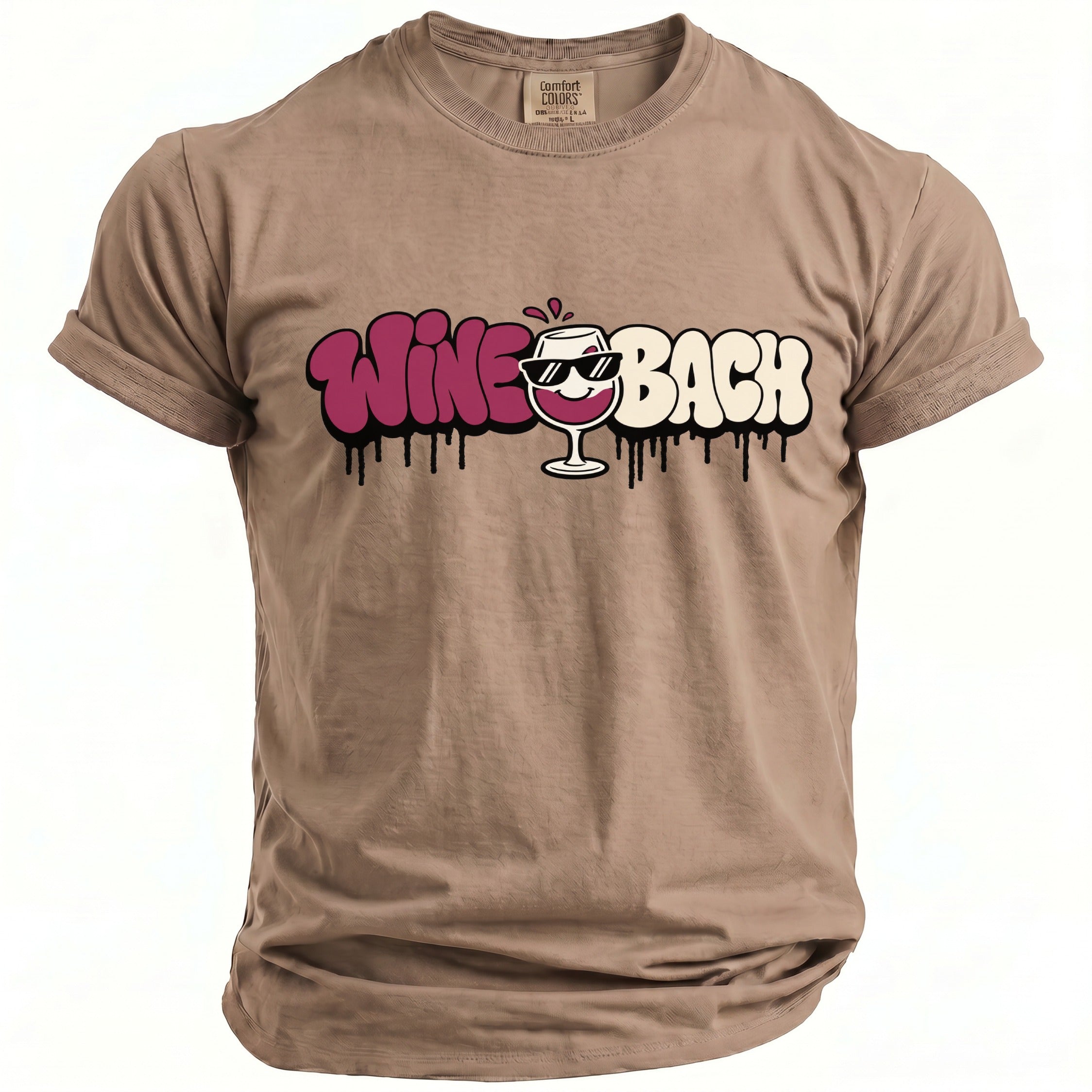 Brown t-shirt with "Wine Back" text and a wine glass graphic.