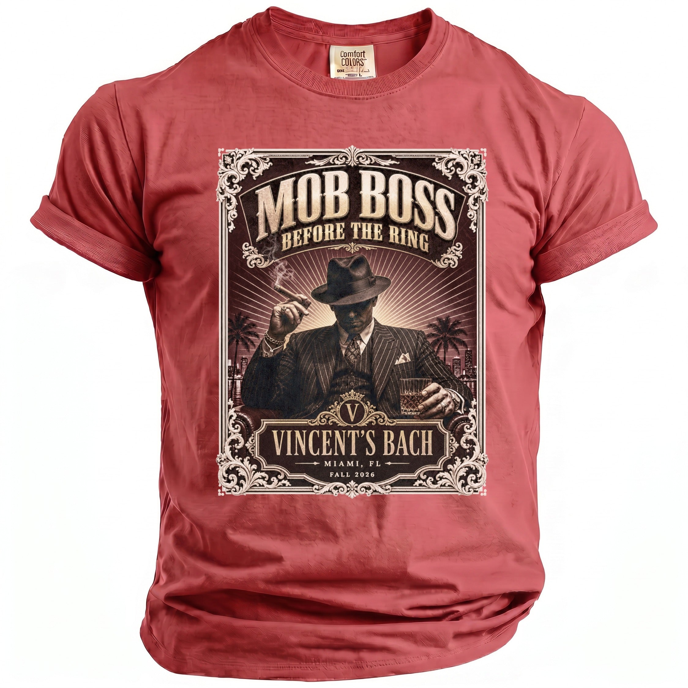 Red t-shirt with "Mob Boss Before The Ring" and "Vincent's Bach" graphics.