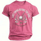 Pink t-shirt with "Last Swing Before the Ring" golf graphic and "Bachelor Weekend 2026".