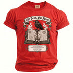 Red t-shirt with raven on open book, "Till Death, Our Forever" and wedding details.