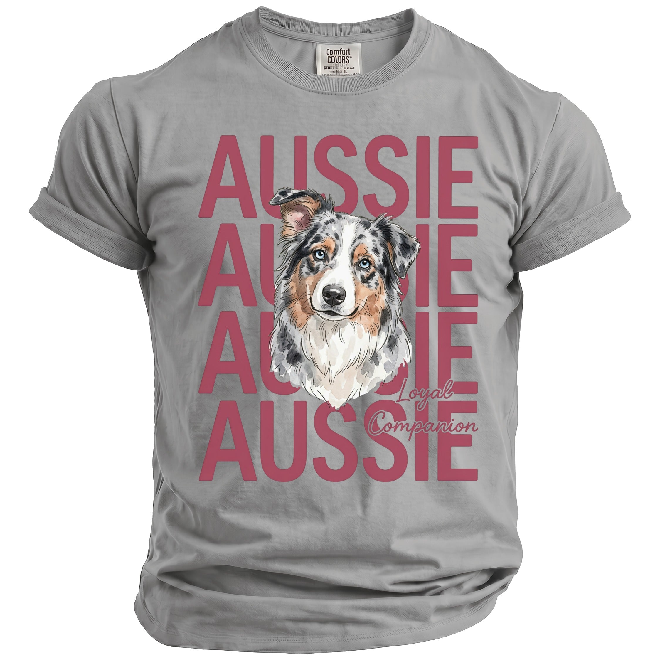 Gray t-shirt with a watercolor Australian Shepherd head and "Aussie Loyal Companion" text.