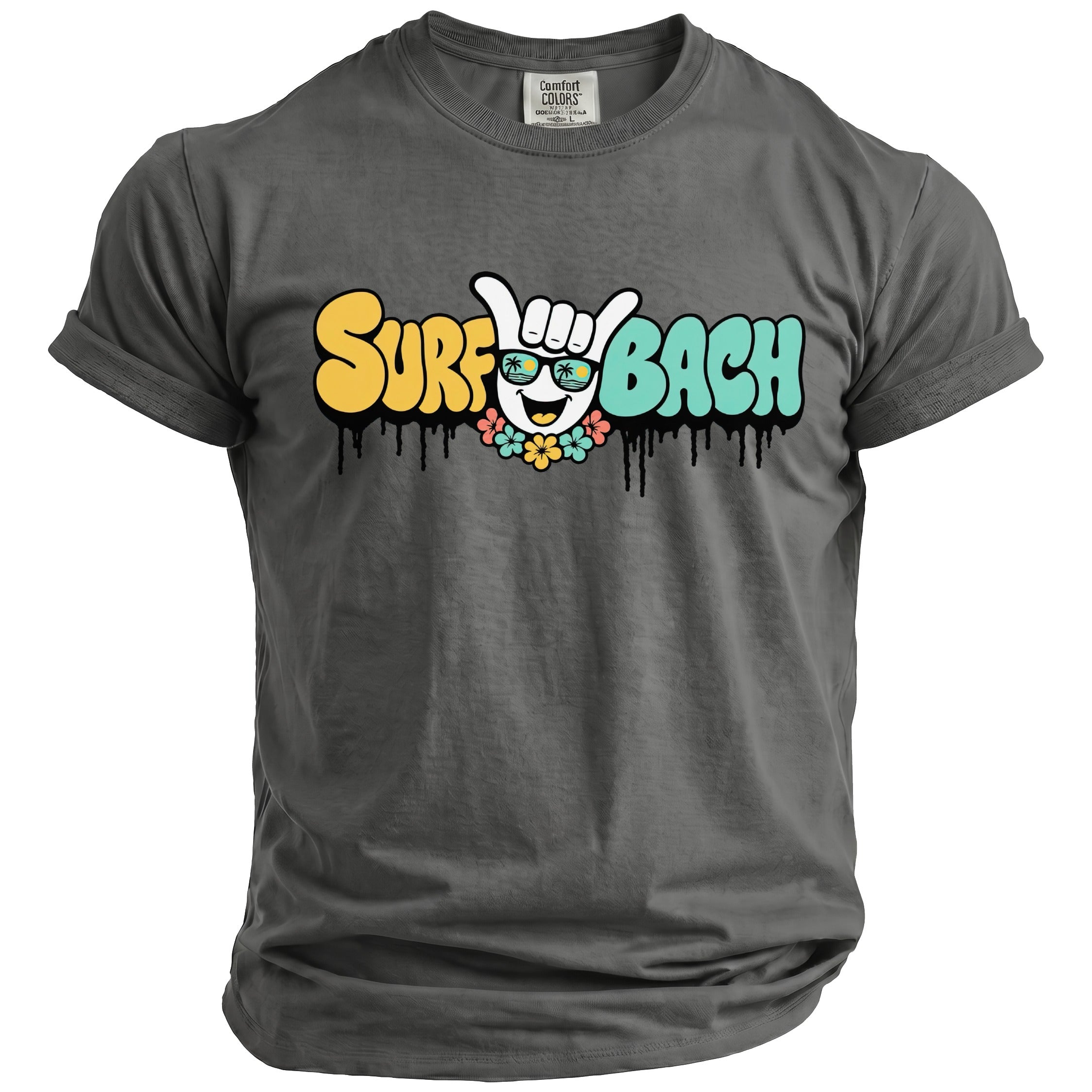Gray t-shirt with colorful "Surf Bach" text, sunglasses, and floral design.