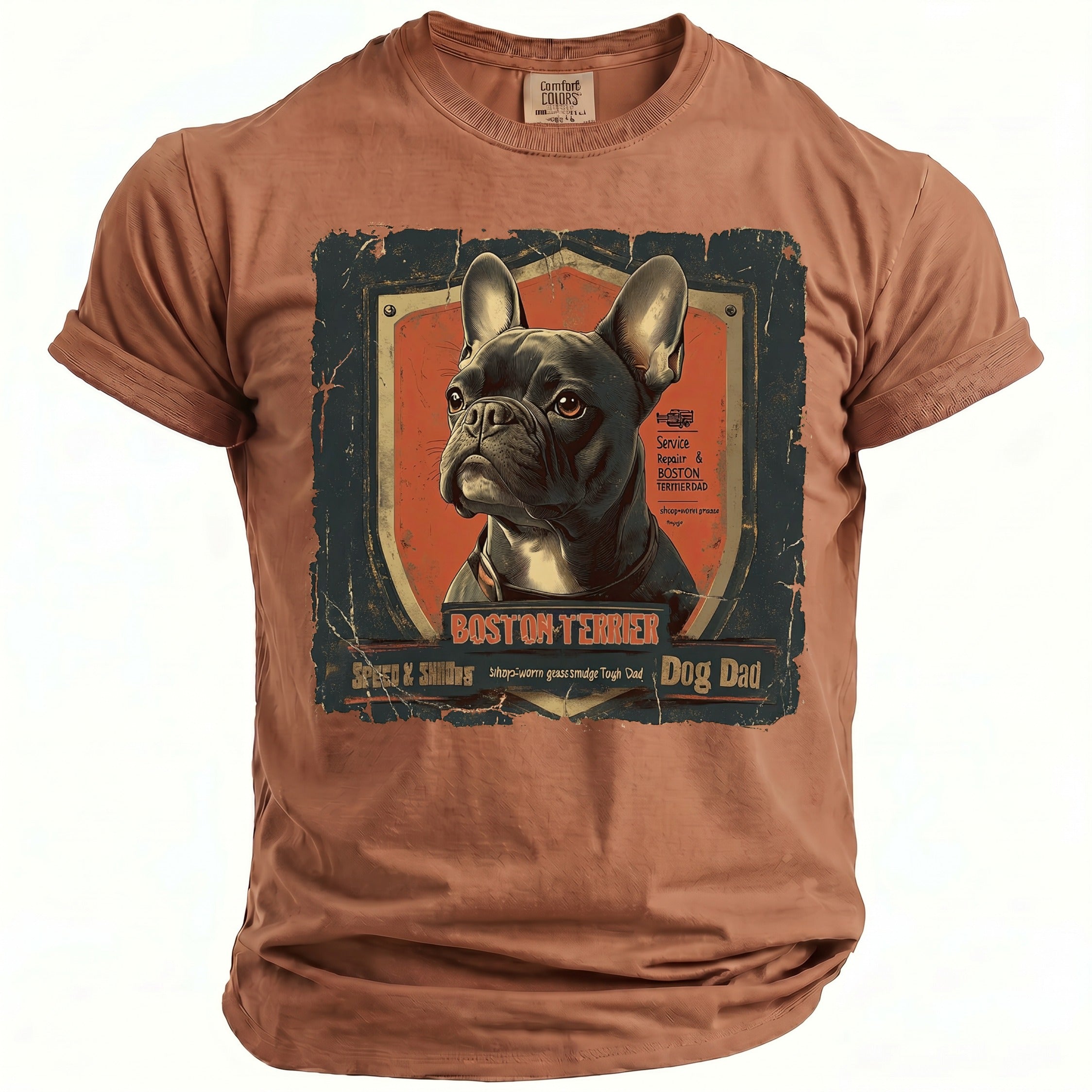 Brown t-shirt with Boston Terrier graphic and "Dog Dad" text.