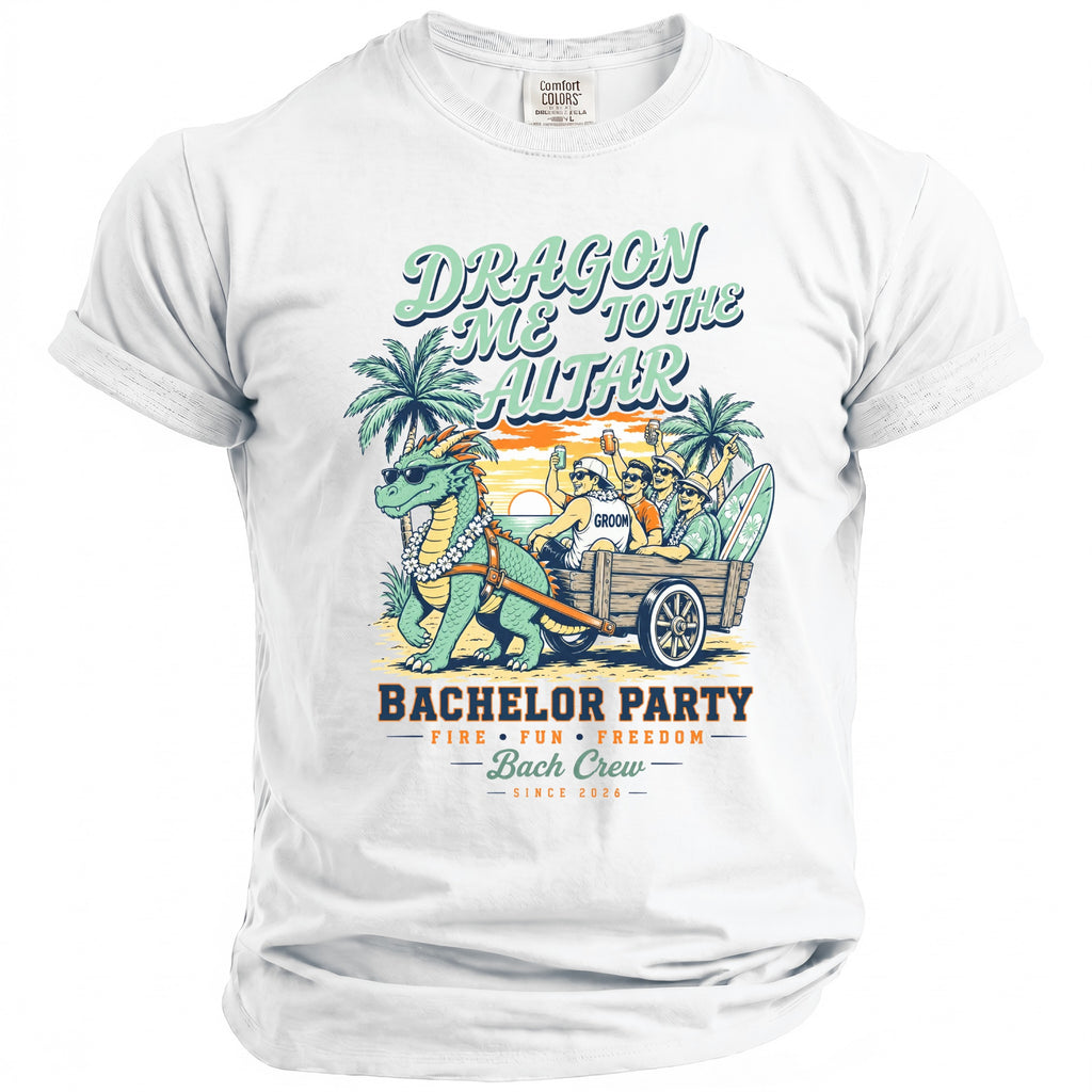 Graphic of a dragon pulling a cart with men for a bachelor party.
