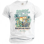 Graphic of a dragon pulling a cart with men for a bachelor party.