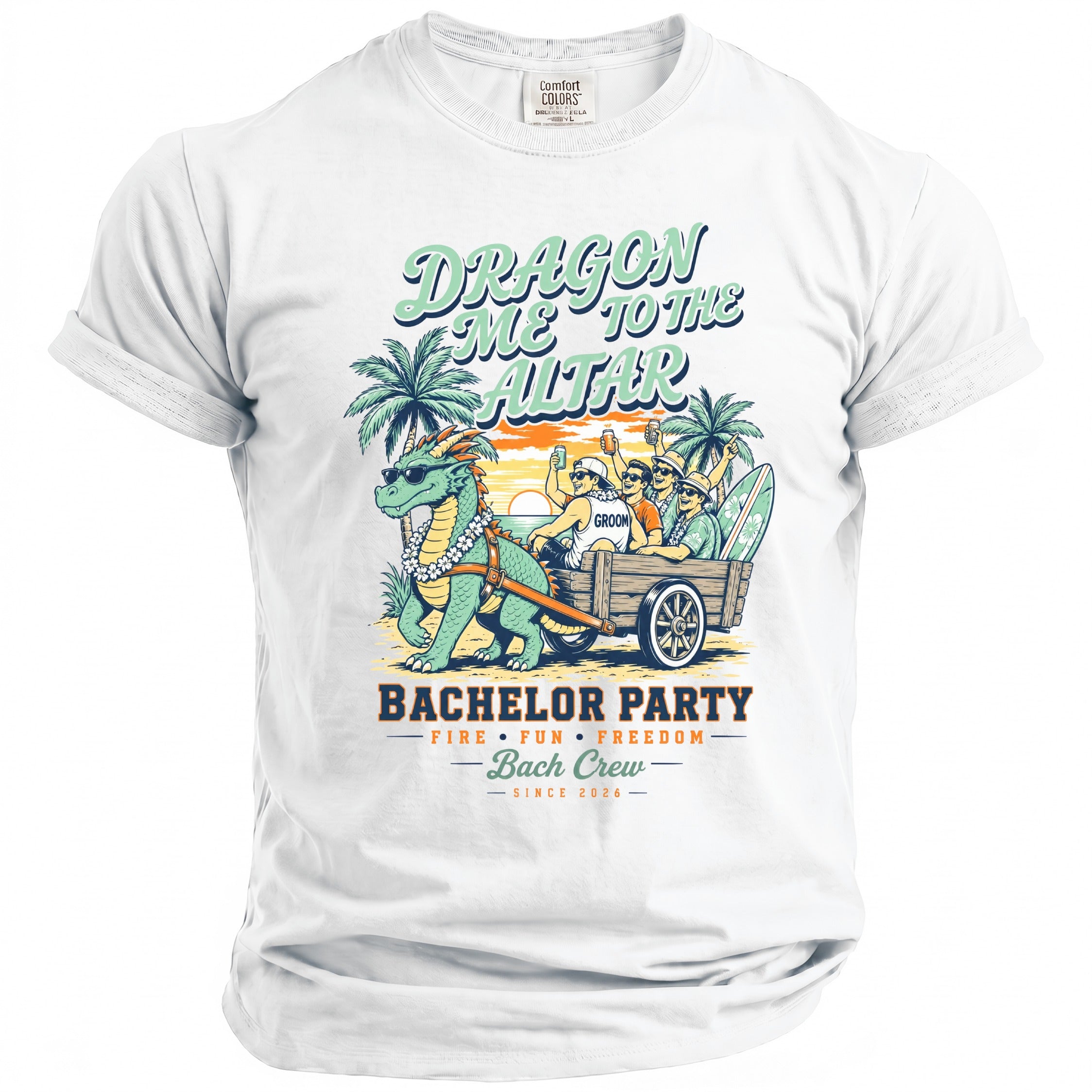 Graphic of a dragon pulling a cart with men for a bachelor party.