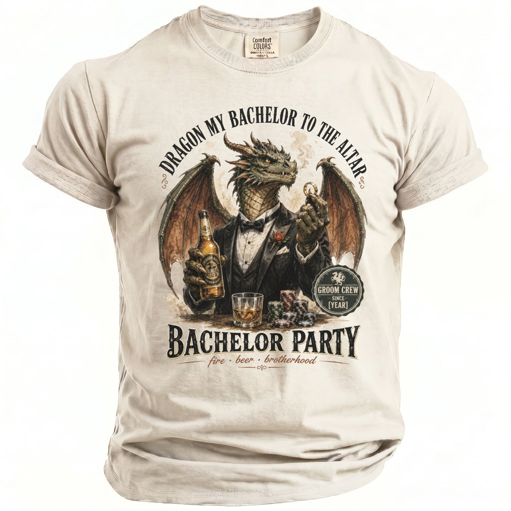 T-shirt graphic of a dragon in a tuxedo holding beer and casino chips.