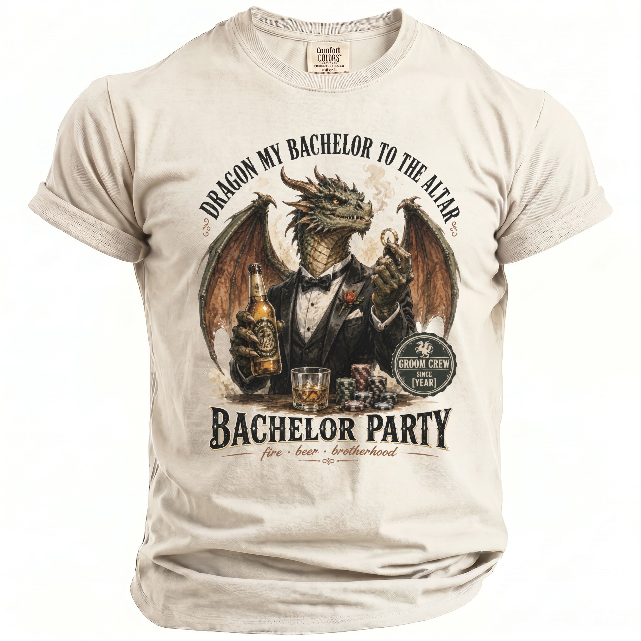 T-shirt graphic of a dragon in a tuxedo holding beer and casino chips.