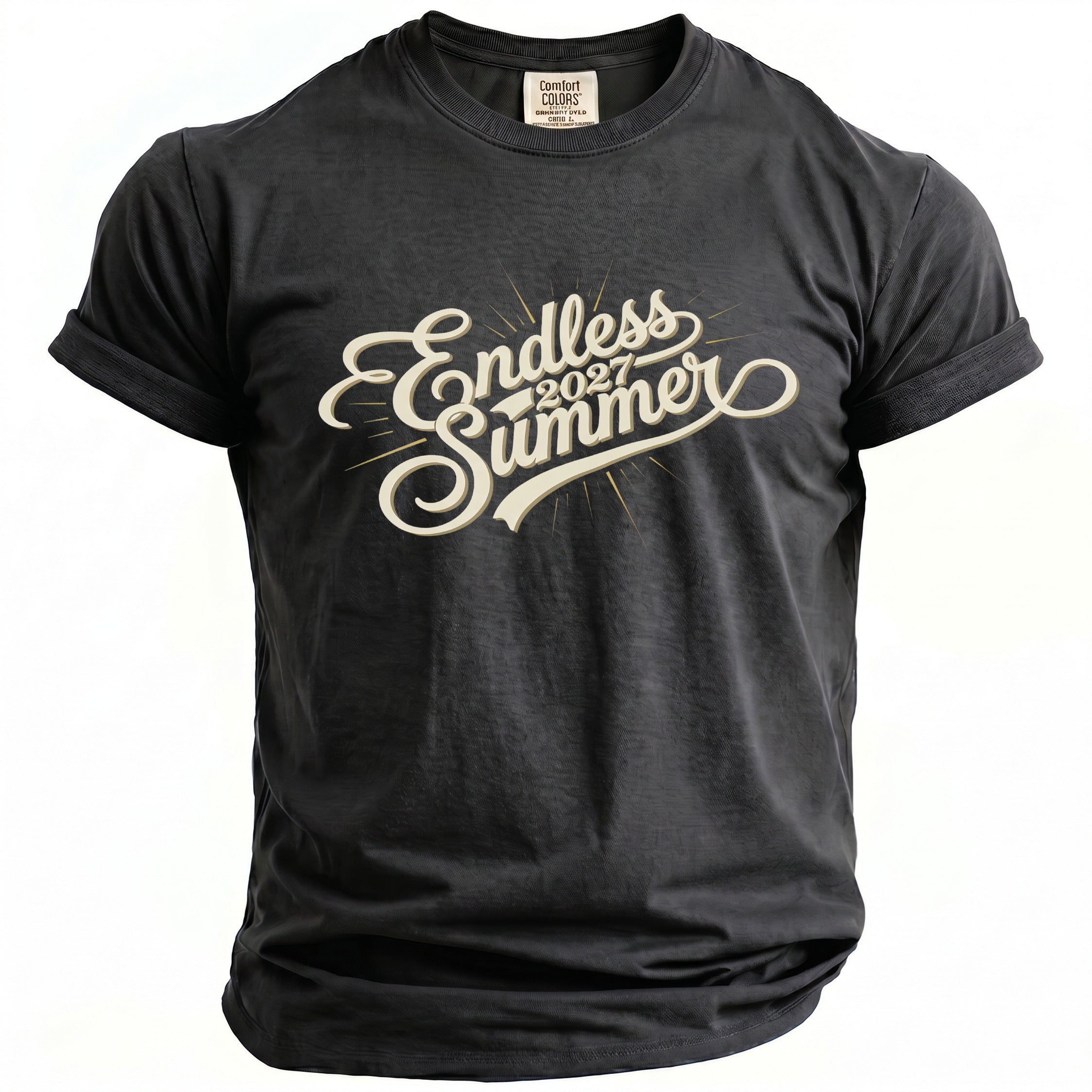 Black t-shirt with "Endless Summer 2027" graphic in cream and gold.