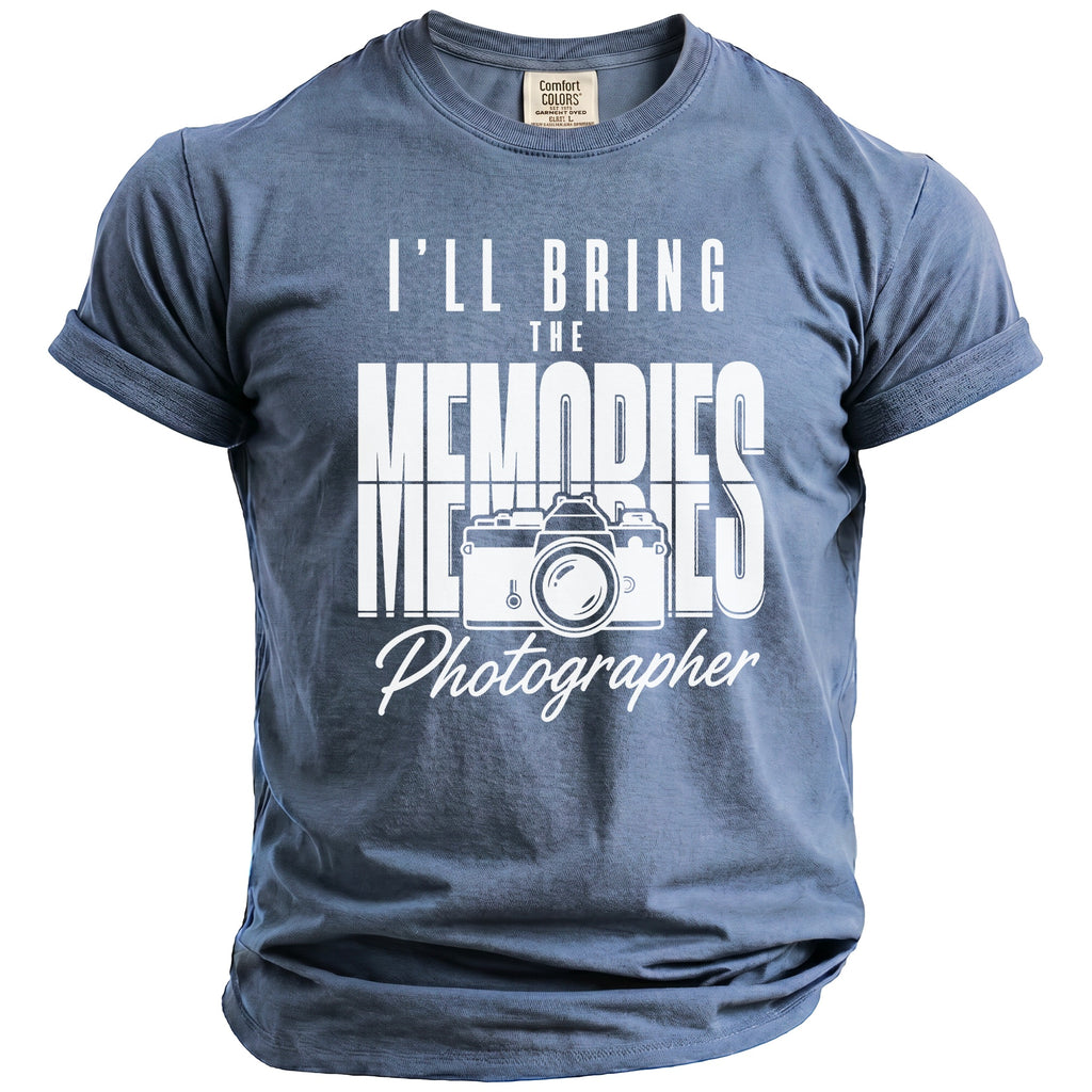 Blue t-shirt with white text "I'LL BRING THE MEMORIES" and a camera graphic.
