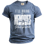 Blue t-shirt with white text "I'LL BRING THE MEMORIES" and a camera graphic.