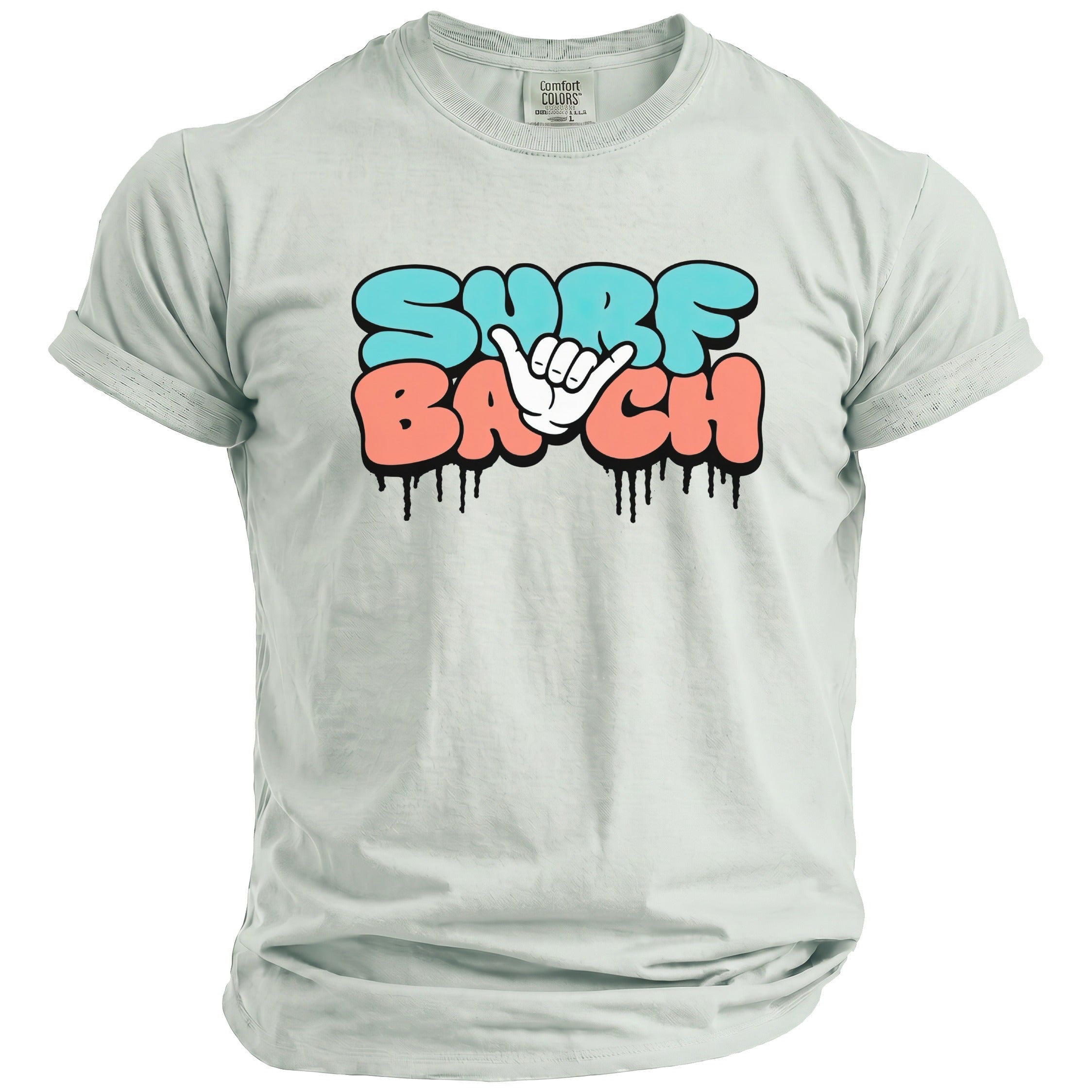 Light grey t-shirt with "SURF" in blue and "BACH" in coral text and hand gesture.