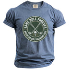 Blue t-shirt with distressed circular graphic saying "Same Hole Forever Bachelor Golf Weekend 2026".