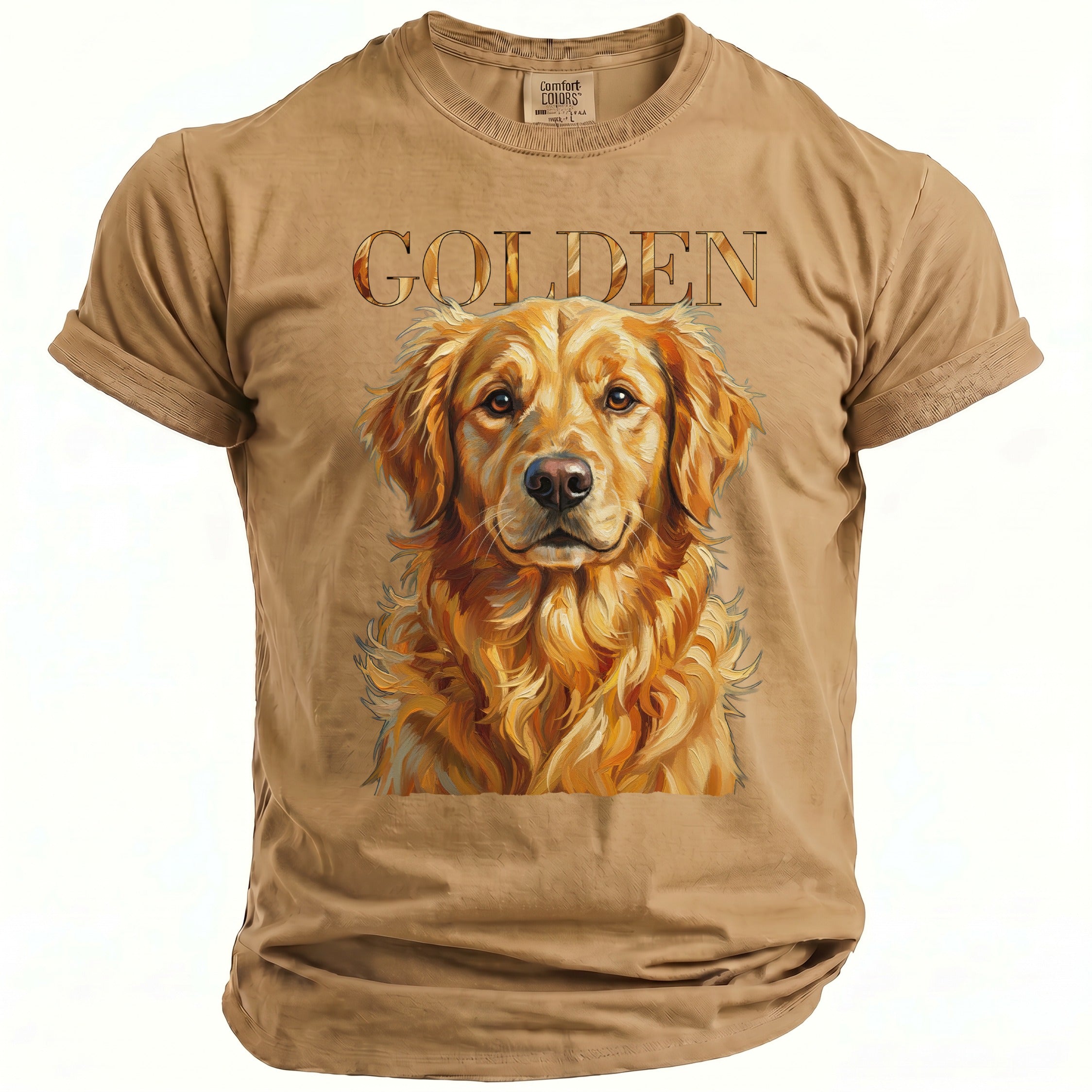 Tan t-shirt with "GOLDEN" text and a painting of a golden retriever dog.