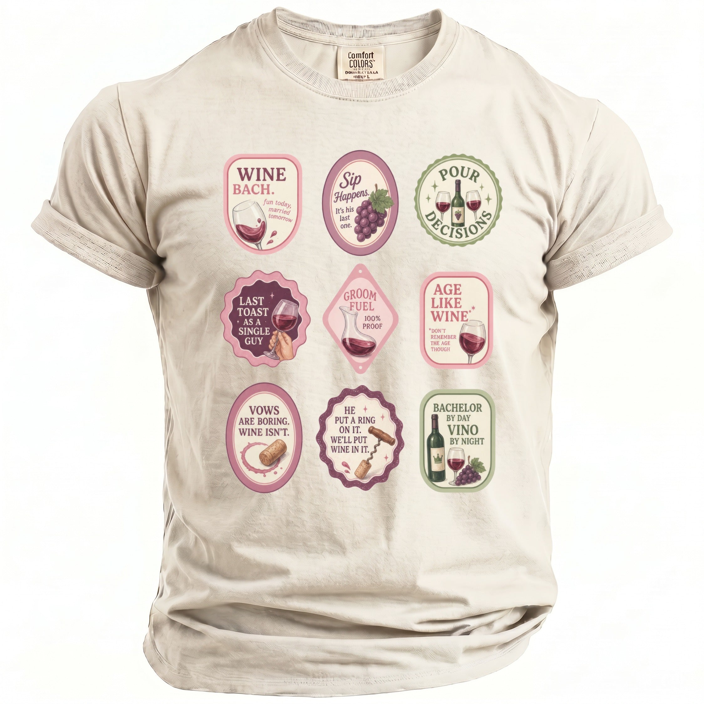 Cream t-shirt with nine wine-themed graphics and text for a bachelor party.