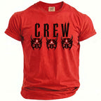 Red t-shirt with black "CREW" text and three devil masks.