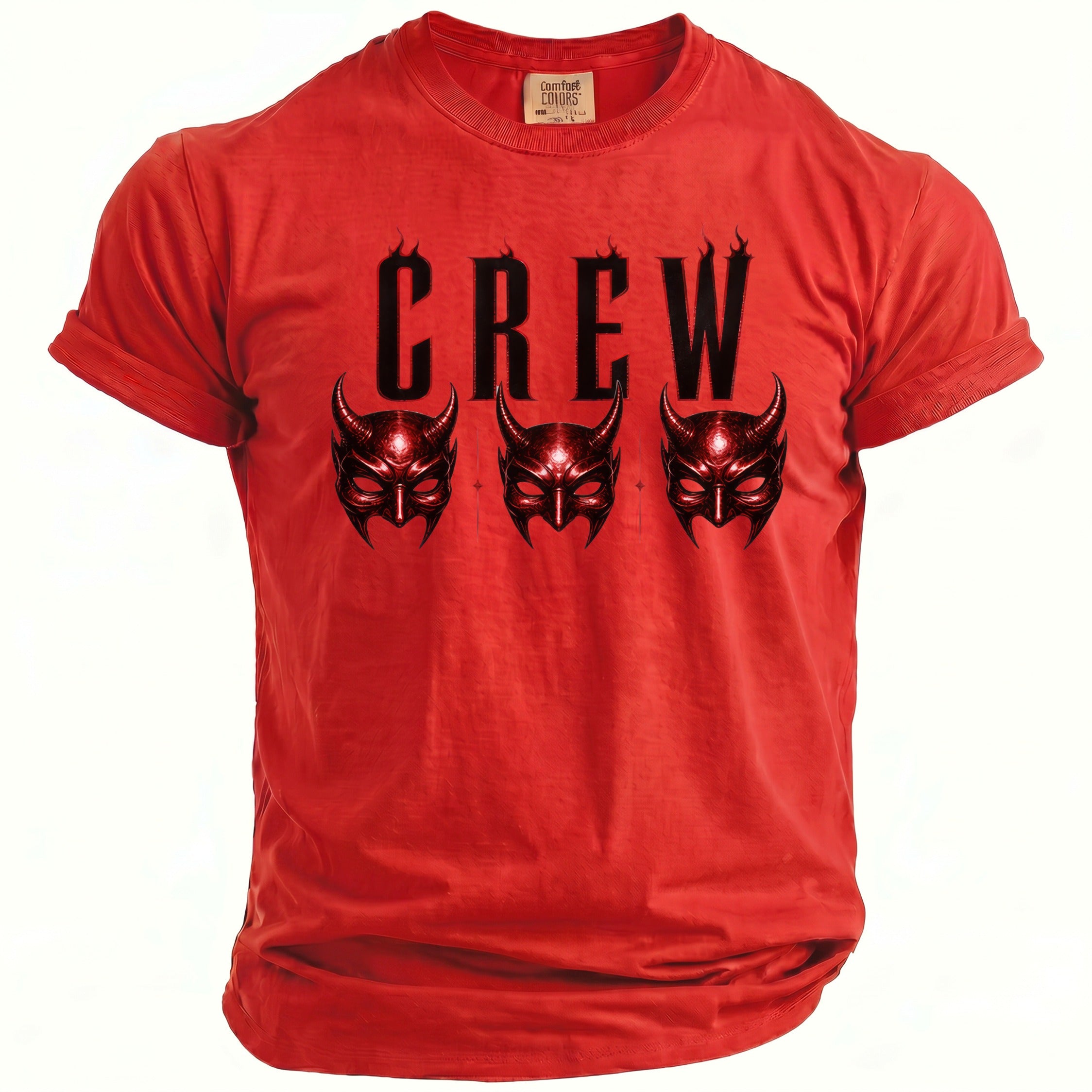 Red t-shirt with black "CREW" text and three devil masks.