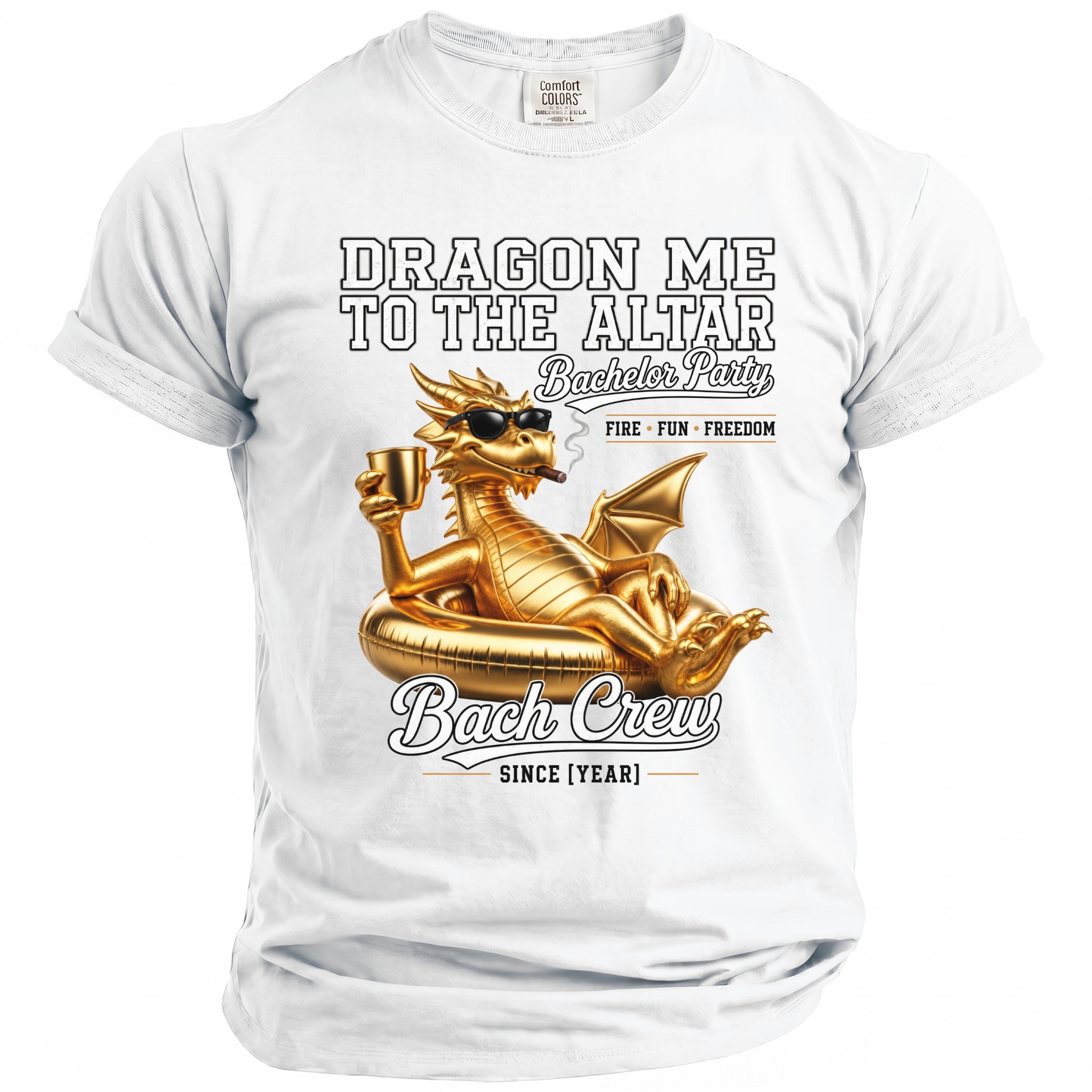 White t-shirt with gold dragon graphic and text "Dragon Me to the Altar Bach Crew".
