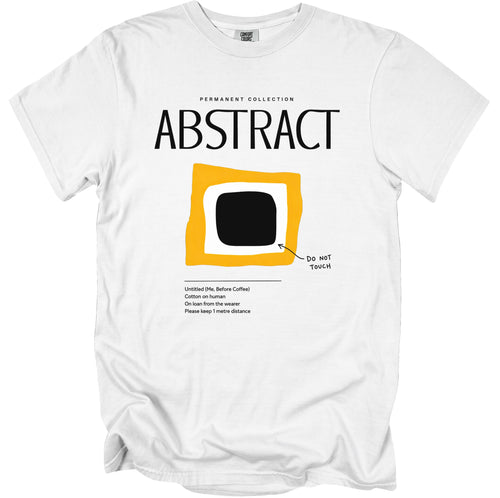 White t-shirt with abstract graphic and text: "ABSTRACT", "DO NOT TOUCH".