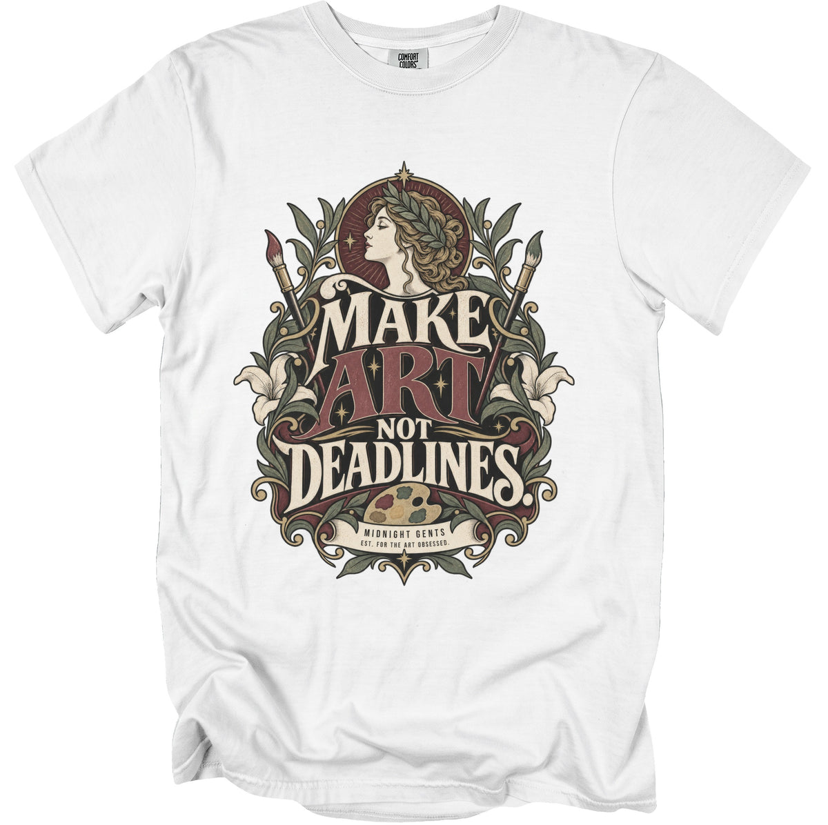 White t-shirt with "Make Art Not Deadlines" graphic featuring a woman and art supplies.