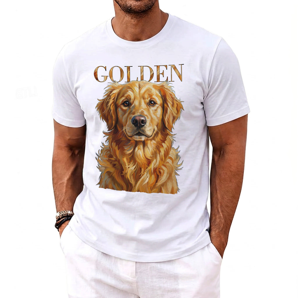 White t-shirt with a painting of a golden retriever and the word GOLDEN.