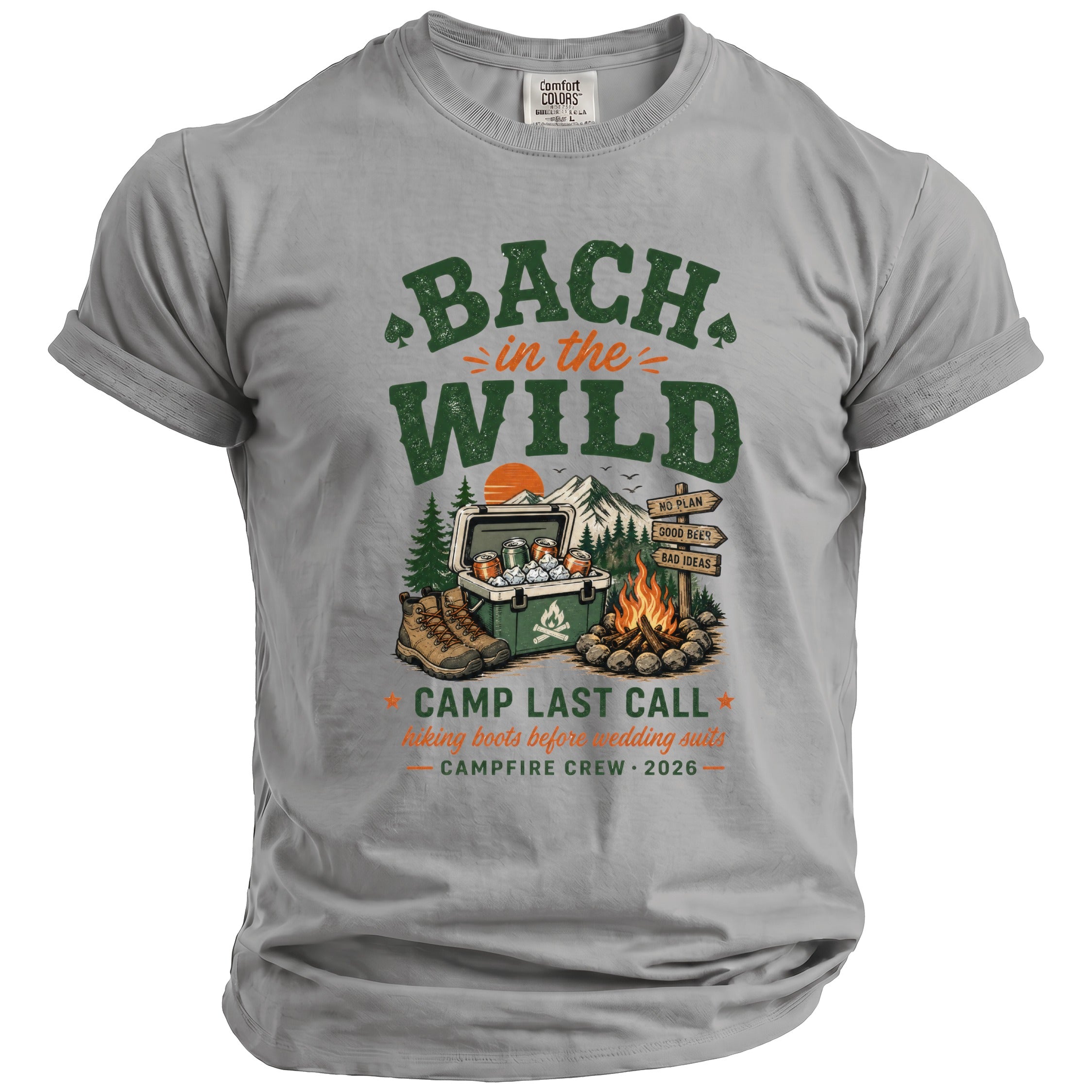 Grey t-shirt with "BACH in the WILD" graphic, campfire, cooler, and boots.
