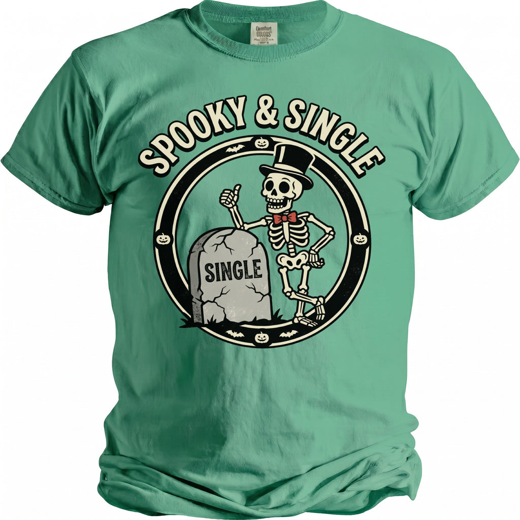 Skeleton in top hat next to "SINGLE" tombstone, text "SPOOKY & SINGLE".