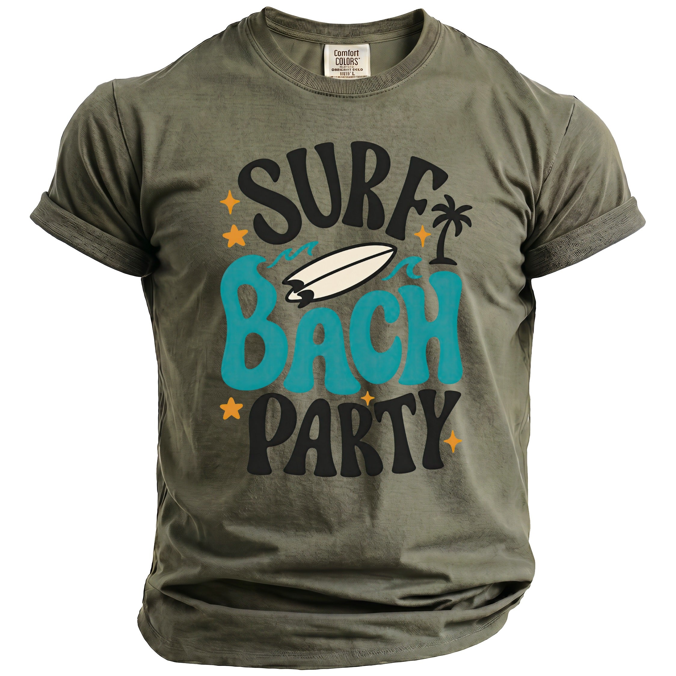 Olive green t-shirt with "Surf Bach Party" graphic, surfboard, and palm tree.