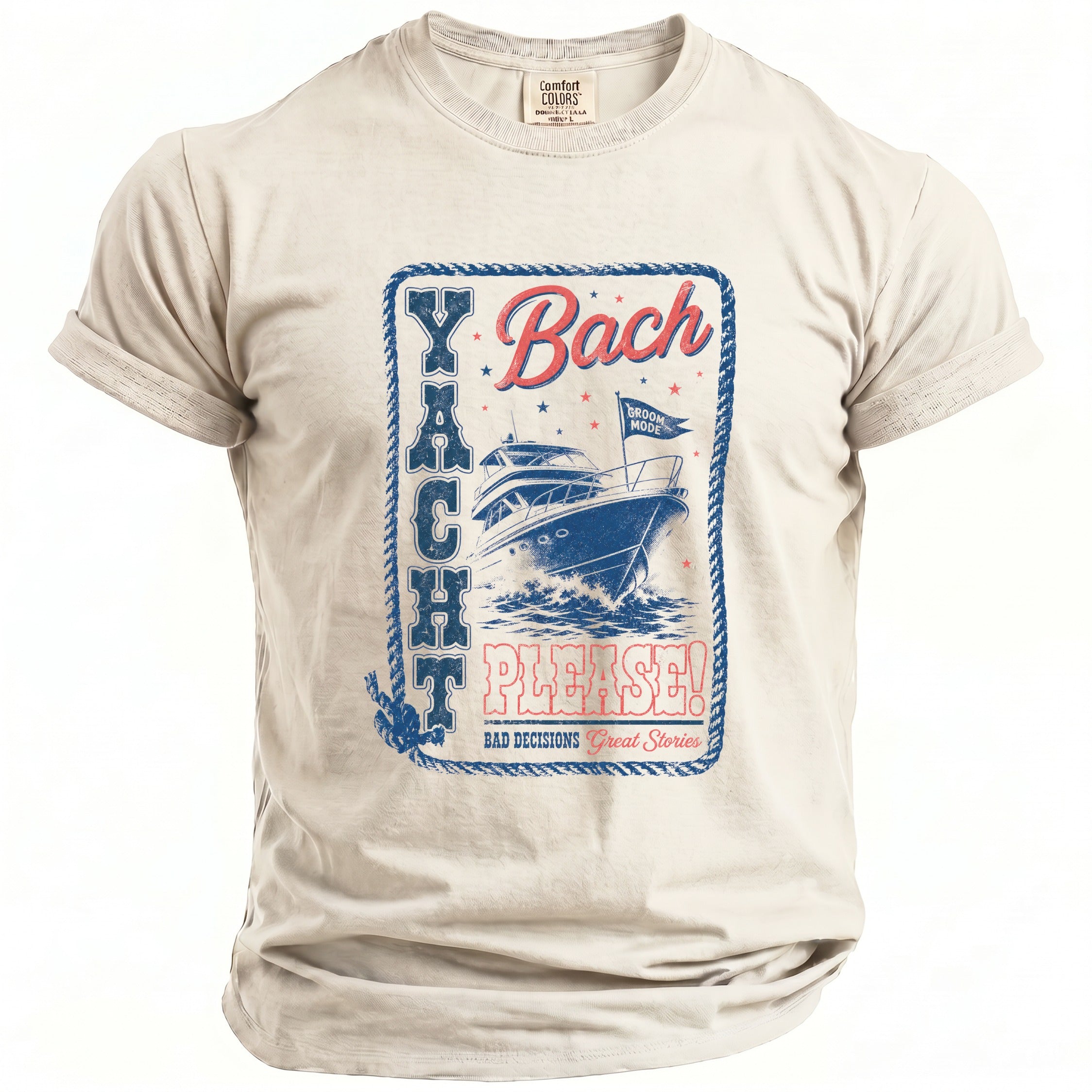 T-shirt with a graphic of a yacht and text "Yacht Bach Please!"
