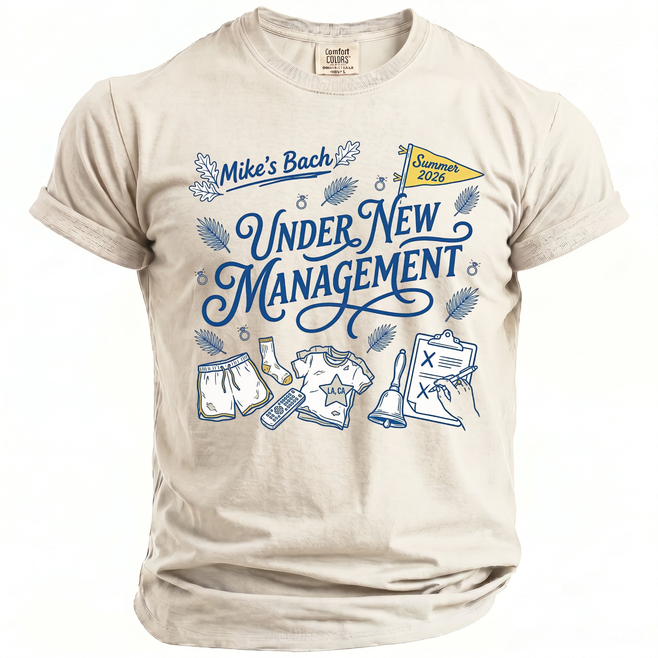 T-shirt with text "Mike's Bach Under New Management" and bachelor party graphics.
