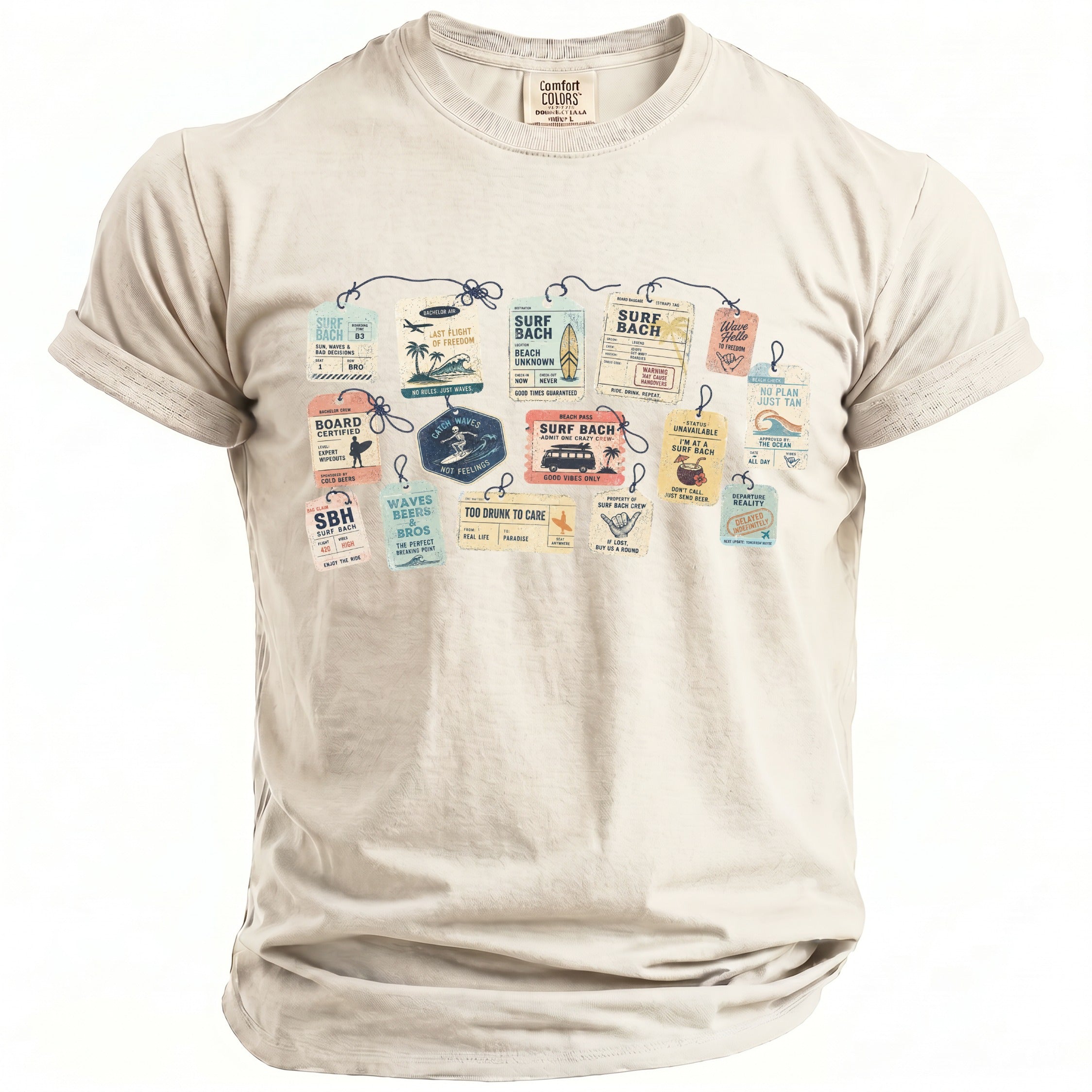 Tan t-shirt with a graphic of vintage travel tags for a "Surf Bach."
