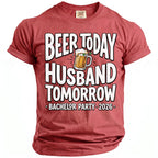 Red t-shirt with "Beer Today Husband Tomorrow Bachelor Party 2026" graphic.